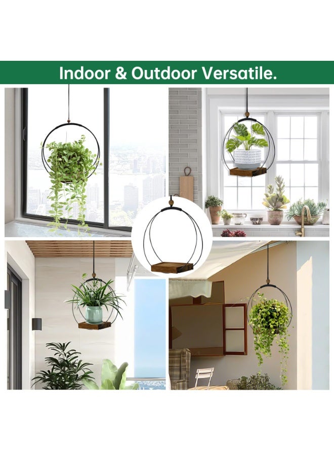 عربست حامل نباتات معلق للنباتات الداخلية، حامل نباتات أسود داخلي بقاعدة خشبية متينة، حامل نباتات بوهو ماكرامي عصري لأواني 3-5.5 بوصة، حامل معلق على الحائط والسقف والنافذة لتزيين المنزل (الأواني غير مضمنة) - Image 2